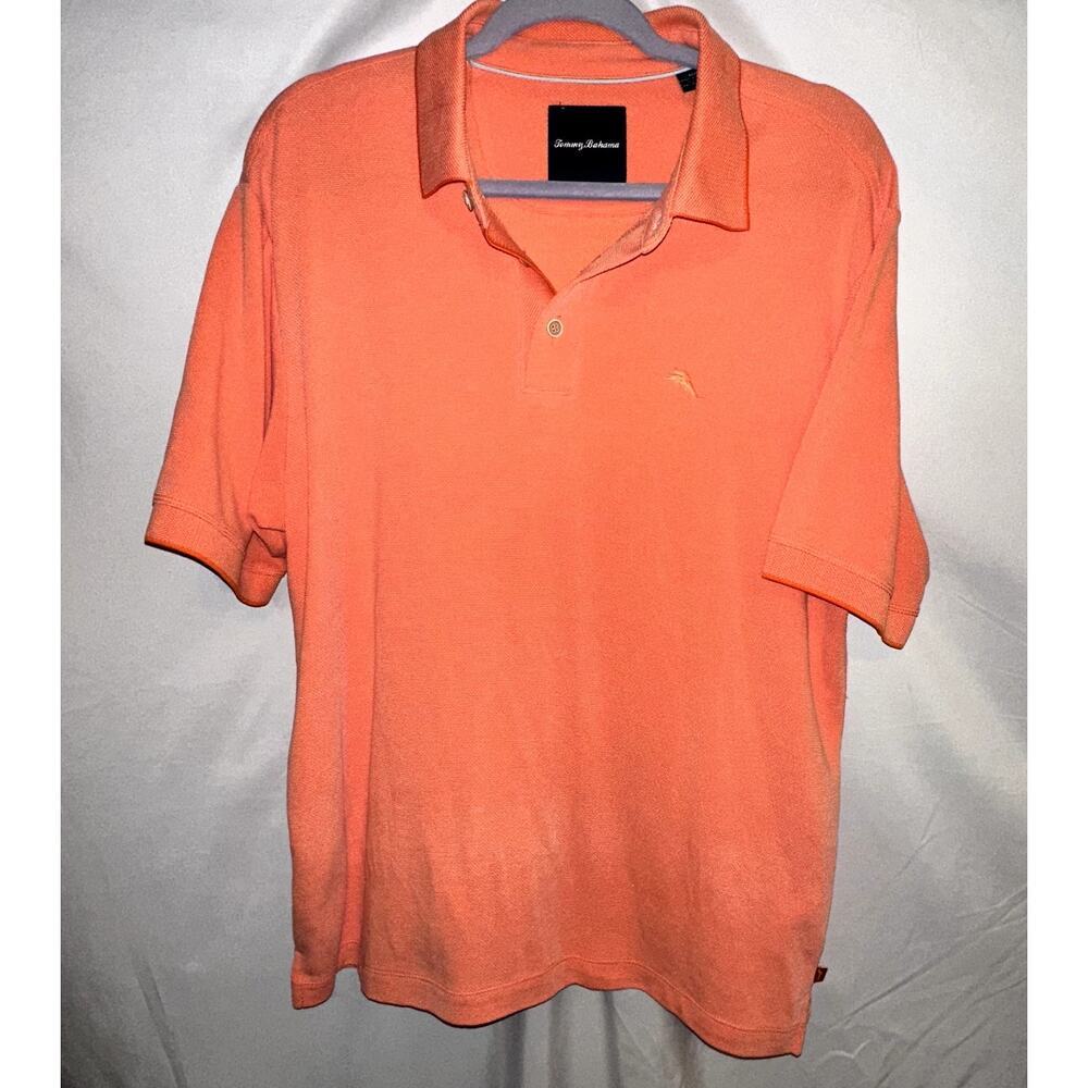 Tommy Bahama Polo textured Shirt Mens Sz Medium Coral Short Sleeve Modal Blend